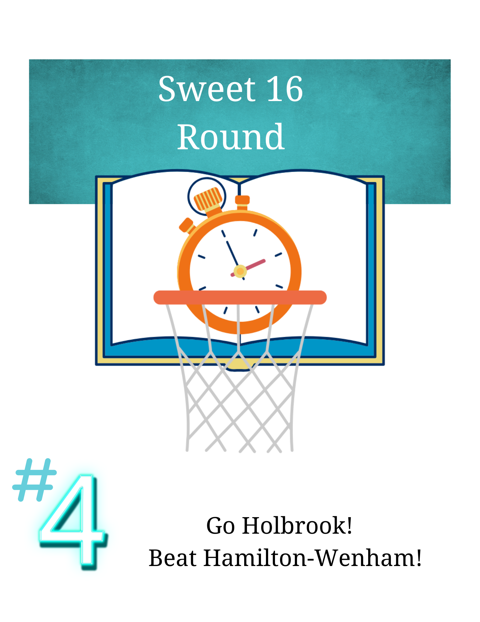image of a basketball net with an open book as a backboard and the words Sweet 16 Round