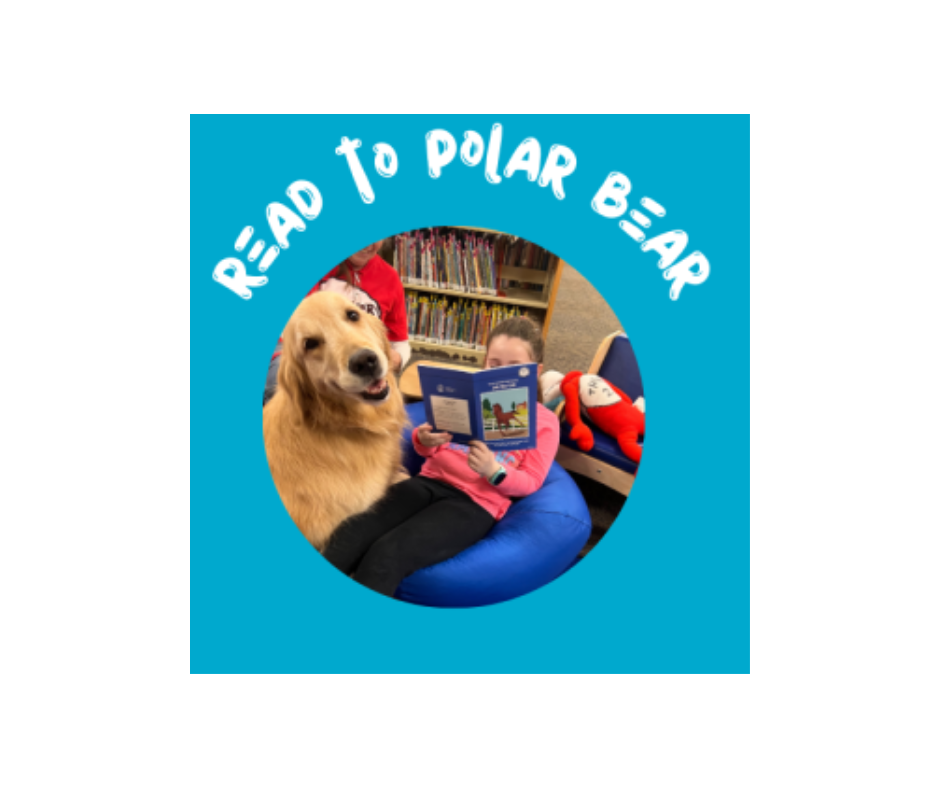 a teal background with the words "Read to Polar Bear" written in white. In the center is a photo of Polar Bear, a licensed therapy dog, being read to by a young girl who is sitting on a blue bean bag chair