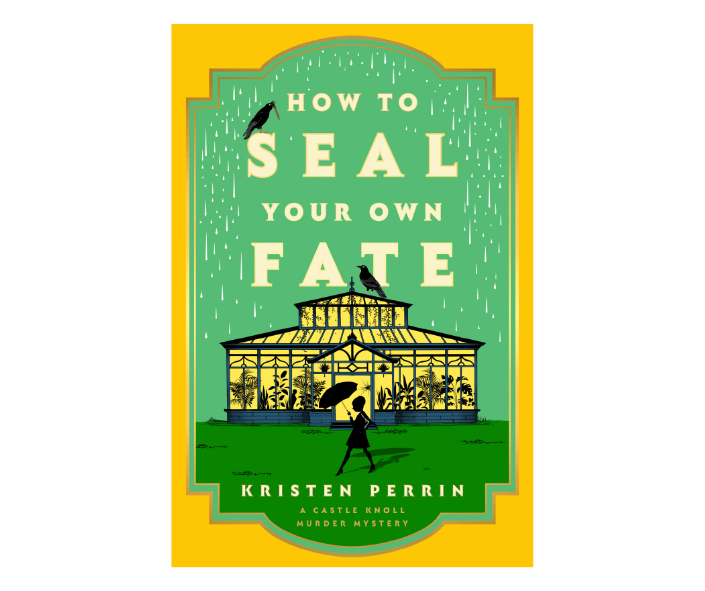 image of a book cover featuring a glass conservatory lit from within and a silhouette of a woman holding an umbrella walking on the lawn