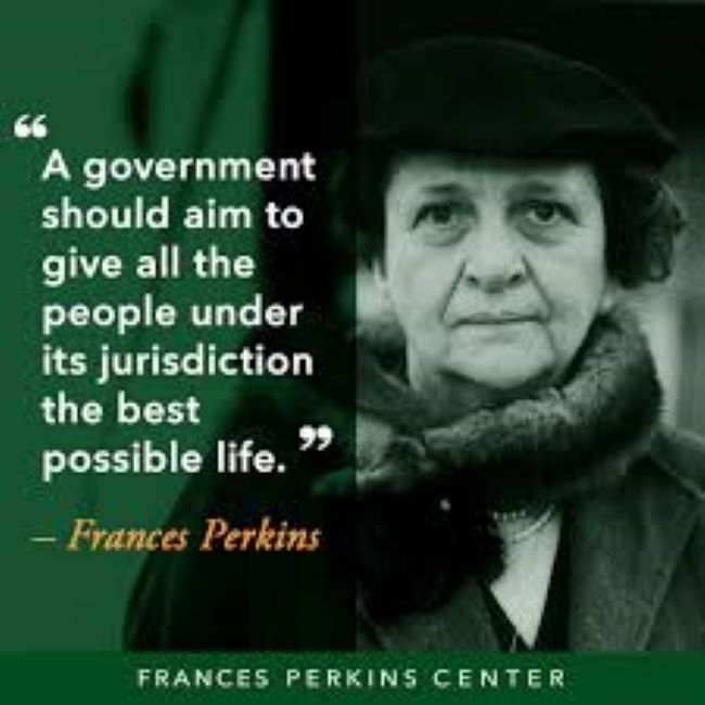 a black and white image of an older woman wearing a wool hat and scarf with a quote from Frances Perkins