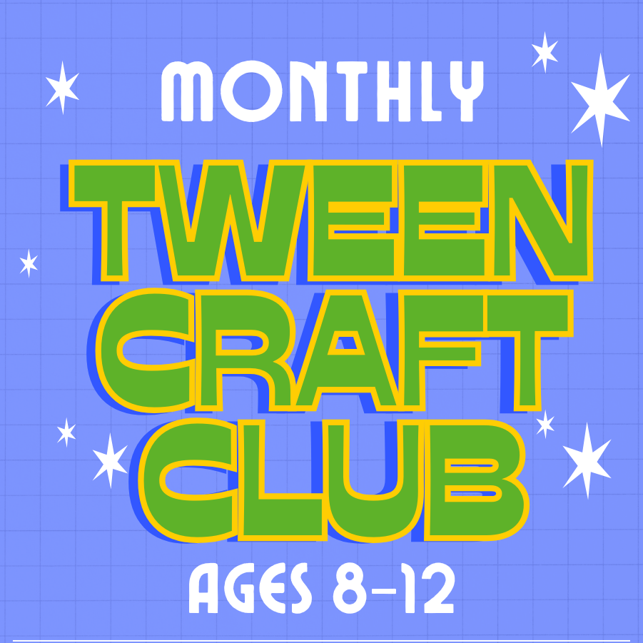bright blue background with white stars and the words "Tween Craft Club" in green font  outlined in yellow