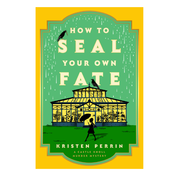 image of a book cover featuring a glass conservatory lit from within and a silhouette of a woman holding an umbrella walking on the lawn