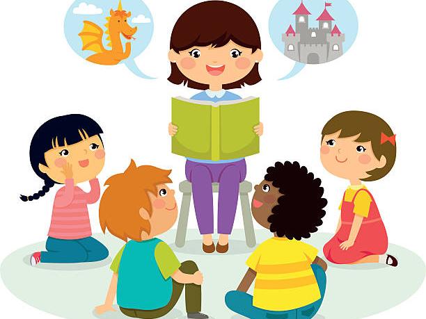 Adult woman reading a fantasy story to children.